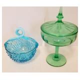 Green depression candy dish with lid, blue handle