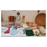 Basket - aprons, potholders, Indian doll, corn