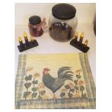 Primitive lot, candles, and a large jar, chicken