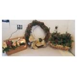 Christmas items, wreath with bear, basket of