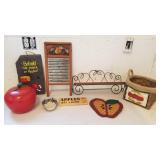Apple item lot, shelf, slate sign, apple tin,