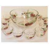 Punch bowl with 12 cups, with pine cones