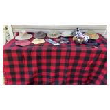 Wool blanket (moth damage), various hats, golf,