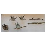 Sterling silver lot - birds, working padlock, bar