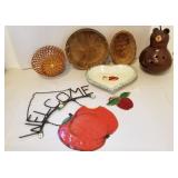 Baskets, tin apple sign, apple heart dish, bear