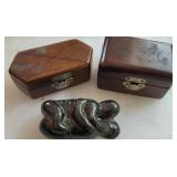 Strange carving?? & 2 small wooden jewelry boxes