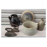 Crocks, batter jug, sad irons - damaged