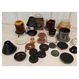 Candles, candle holders, metal tops, small plate,