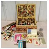 Nice flower wicker sewing basket with contents,