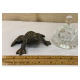 2 paperweights - signed glass perfume bottle &