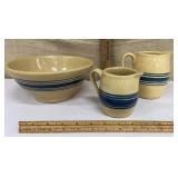 Blue-banded yelloware bowl & 2 pitchers