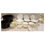 Assorted dishes creamer and sugar, tea kettle,