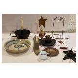 Country items, candle holders, pottery bowl,