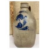 Ithaca stoneware jug w/blue flower - very cracked