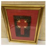 Framed Crucifix hooked rug approx 19"x24"