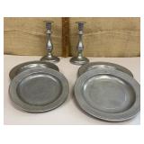7 pieces Wilton pewter - candlesticks & plates (3