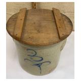 Stoneware crock w/ blue flower & wooden lid