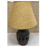 HEAVY wagon wheel hub lamp w/ burlap shade