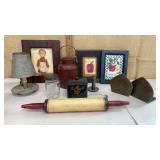 Country decor - tin lantern, milk can, framed