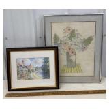 2 signed artworks - flowers & village along the