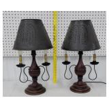 Pair of pierced tin table lamps - no finials