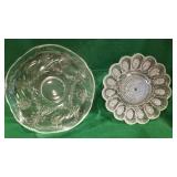 2pcs glassware - egg plate & etched bowl