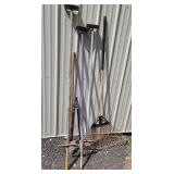 Bird house stands, rake, loppers