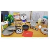 Kitchen items, pan with lid, muffin pans, cake