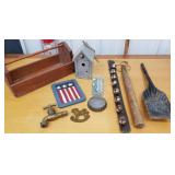 Primitive lot, birdhouse, wooden tote, brass