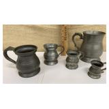 5 pewter tankards - varying sizes