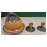 Beautiful pottery butter / cheese dome and pair