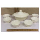 Ivory colored Fire King lidded dish w/ 6 custards