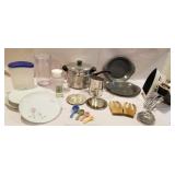 Houseware items, double boiler pan, teaspoons,