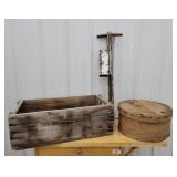 Crate, corn planter, cheese box