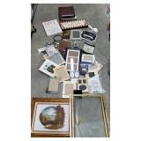 Box lot of frames, frame book, sayings on canvas,