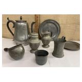 Pewter - coffee urn, sugar, tankard, plates etc