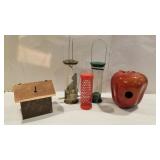 5 bird houses and feeders