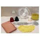 Misc. glassware, basket, beads, 2 shades,