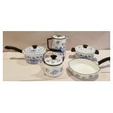 HEAVY blue and white enamel ware pots and pans,