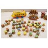 Playschool toys, wooden blocks, train, counter,