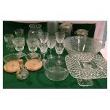 Clear glassware, cake stand, bowls, cantainers,