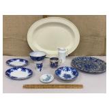 Oval platter, Bennington pie dish, creamer, blue