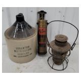 Fire extinguisher, lantern, crock