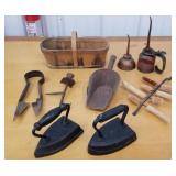 Oil cans, cast irons, basket ,candle holder,