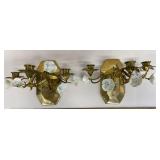 Pair of ornate candle wall scones w/ porcelain