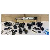 3 Minolta 35mm camera w/ accessories & tripod