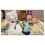 Doll clothes, some infant clothes, Doll case with