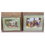 2 artist signed watercolors - flowers & bears &