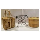 Bamboo steamer, wire wine holder, wicker
