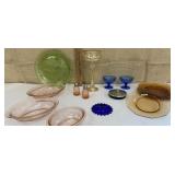 Box of pretty colored glass - plates, bowls, s&p